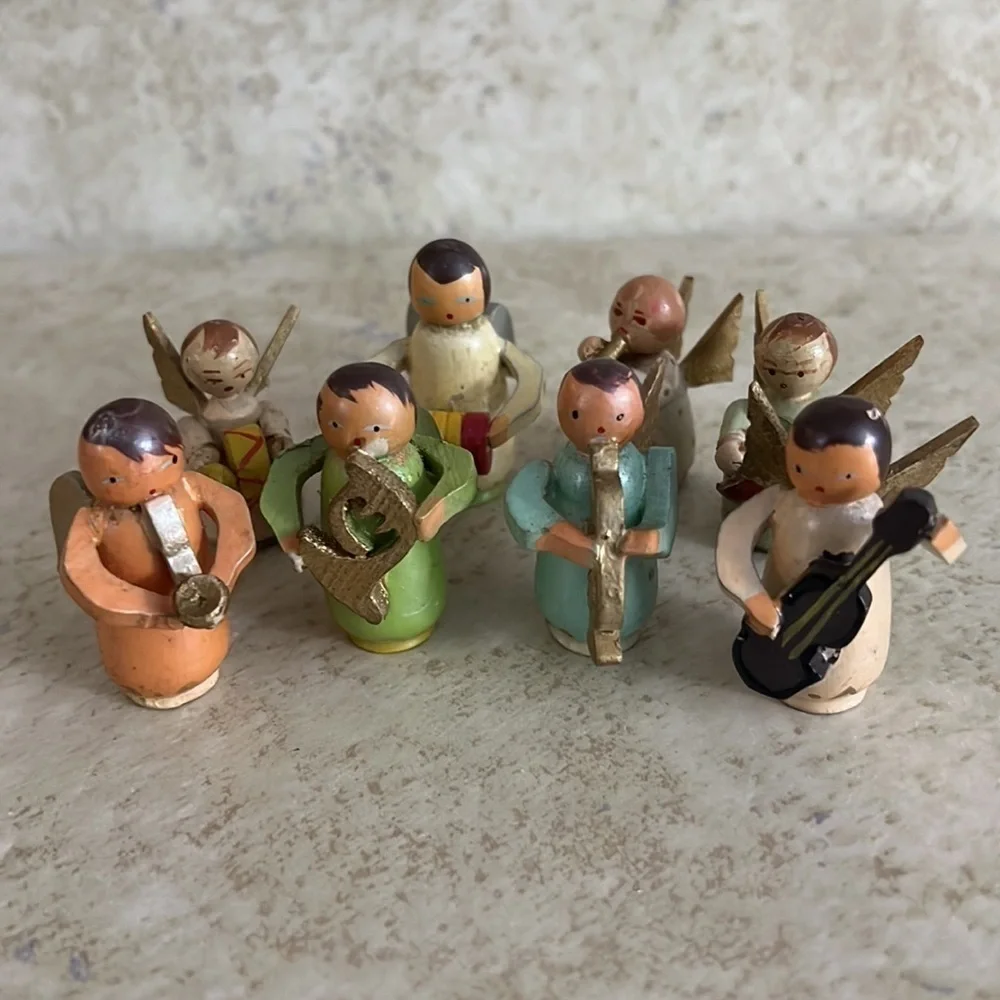 Vintage set of 8 Miniature Wooden Angel Musicians Japan